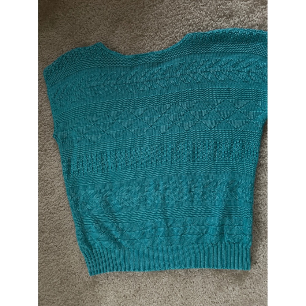 Vintage YarnWorks Teal Green Textured Knit Short Sleeve Sweater Top Crew Neck - Picture 6 of 6